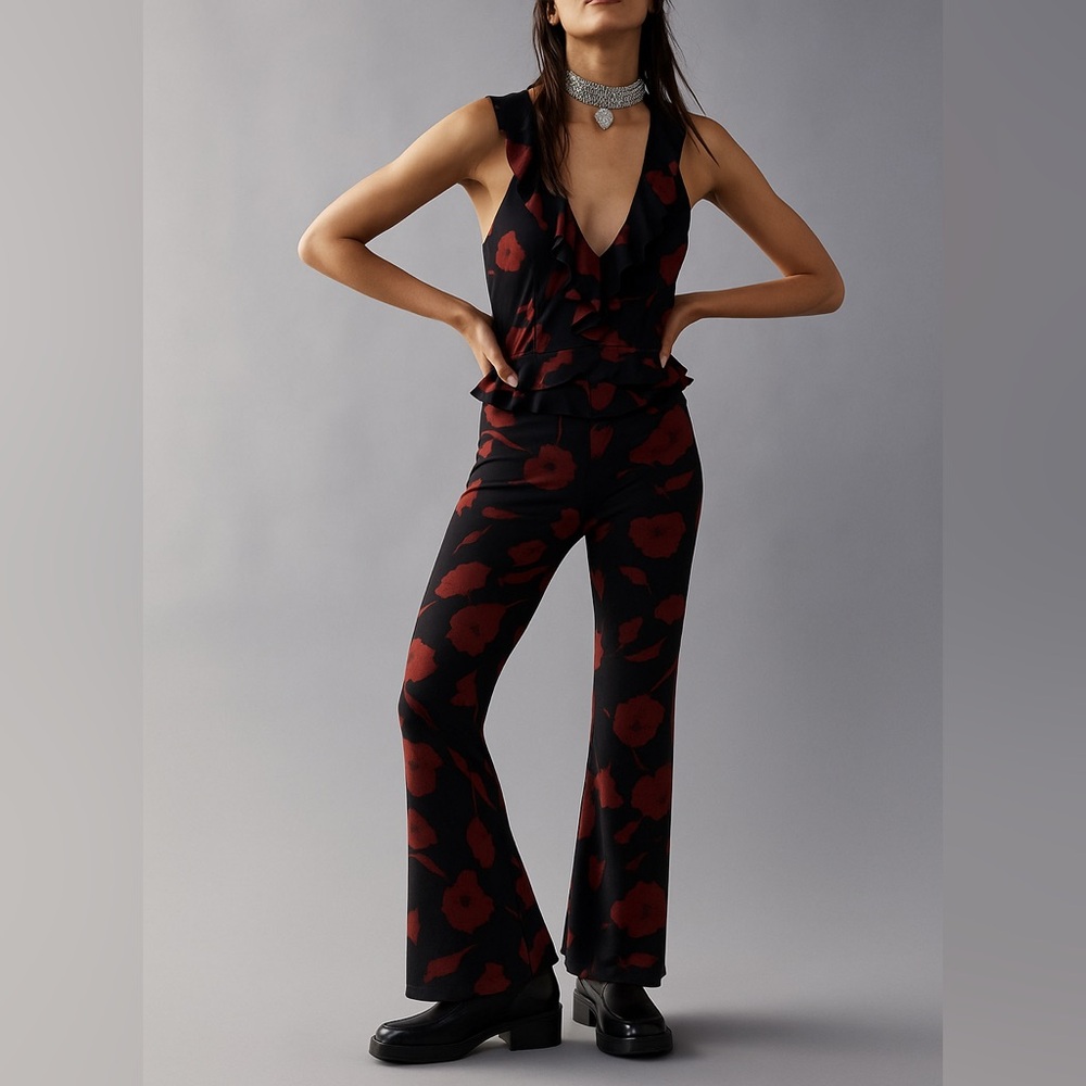 NWT Free People Austyn Femme One Piece Black & Red Ruffle Flare Jumpsuit